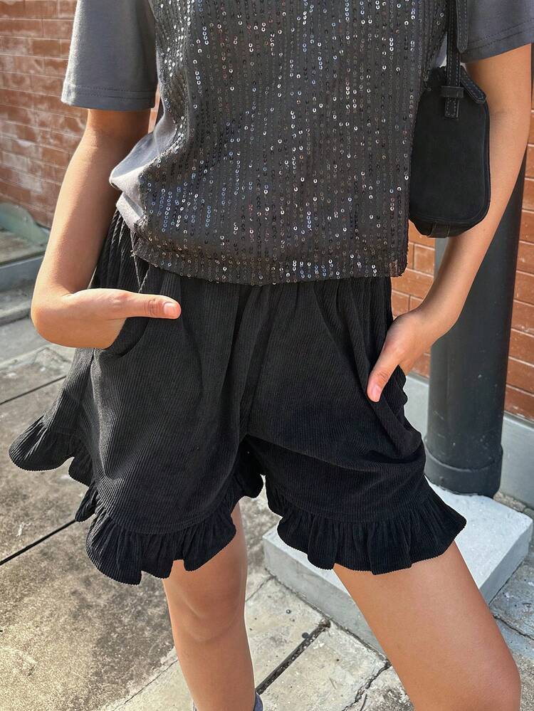 Teen Girl Plain Ruffled Hem Slant Pocket Casual Shorts Summer