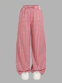 SHEIN Tween Girls Casual Homewear Fitted Lace Trim Collar Cherry Print Camisole And Plaid Loose Pants Set - Red and White - View 7