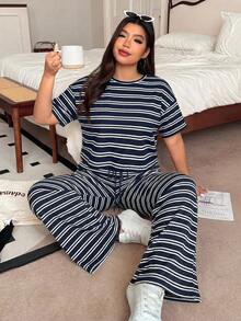 SHEIN EZwear 加大码藏蓝色条纹T恤和裤子休闲两件套，夏季 - 藏蓝色 - 查看 3