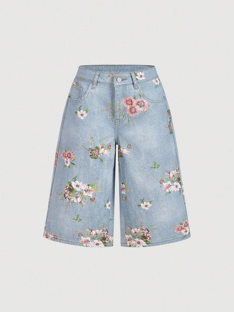 Sweetra 女士时尚休闲印花阔腿直筒九分牛仔裤 - 淺色水洗藍 - 查看 1