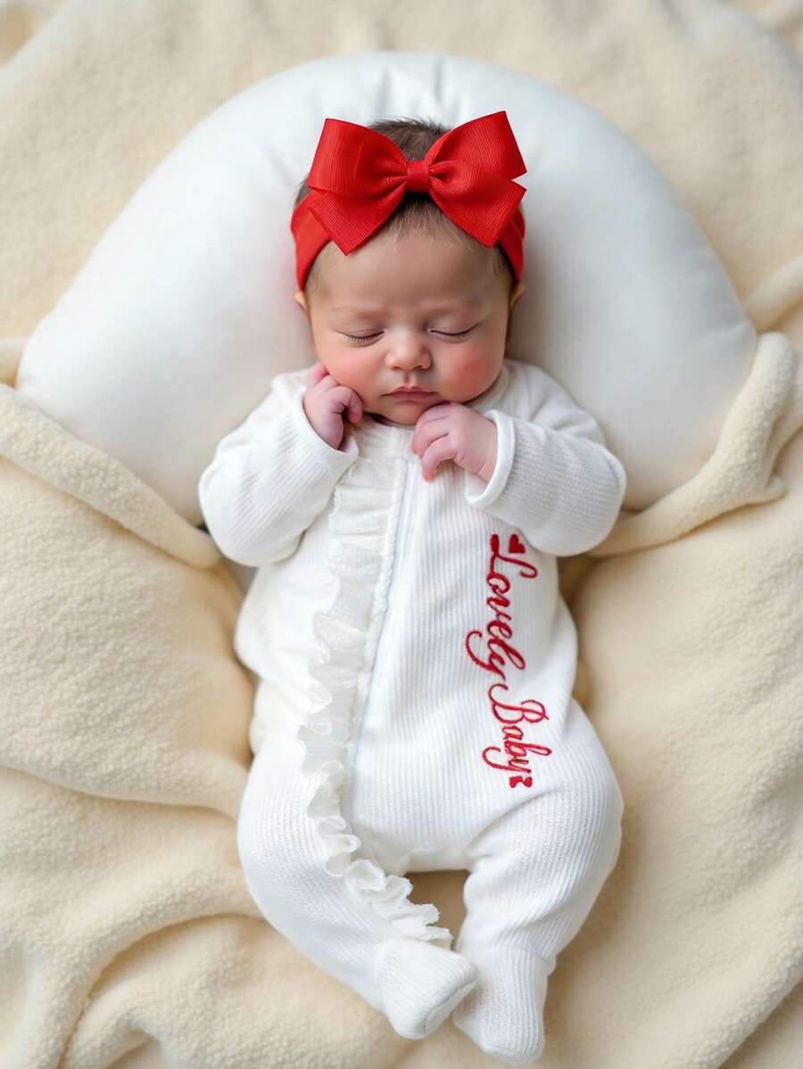 SHEIN 可爱女婴刺绣连体衣，荷叶边装饰，带红色蝴蝶结发带，适合新生儿摄影，情人节宝宝服装 - 彩色 - 查看 1