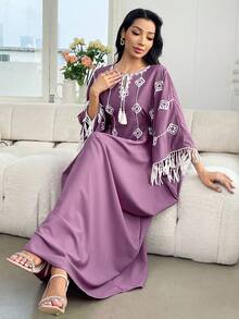 Yasmyna 女士流苏土耳其长裙，传统阿拉伯长袍 - 紫色 - 查看 6