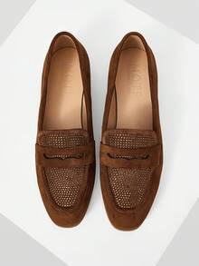 MOTF WOMEN'S FASHION COMMUTER SUEDE RHINESTONE EMBELLISHED FLAT SHOES - Brown - View 2