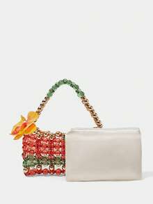 SHECARRY Túi xách nữ quai cầm phía trên, túi xách đính hạt nhiều màu sắc, trang trí hoa, thời trang, thanh lịch, đơn giản, cá tính, đa năng, thích hợp cho đi biển, kỳ nghỉ, du lịch, mùa hè, ven biển, tiệc bãi biển. - Đỏ - Xem 6