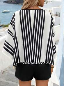 EMERY ROSE 2pcs Women Casual Patchwork V-Neck Batwing Sleeve Top And Elastic Waist Shorts Set - Multicolor - View 2