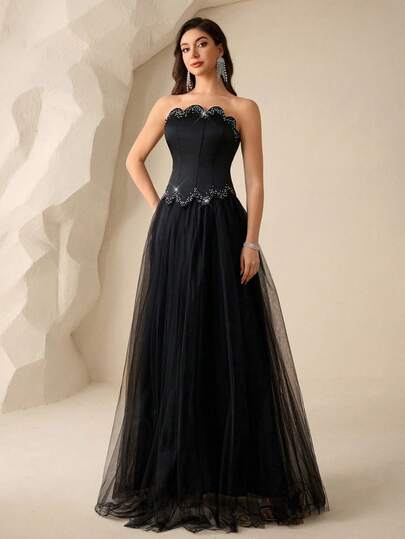 Coutiva Women's Rhinestone Embellished Mesh Patchwork Maxi Formal Dress (Heavily Embellished)