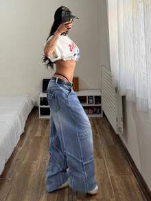 StreetHx 女士宽松蓝色牛仔裤，带口袋，时尚夏季款 - 藍色 - 查看 5