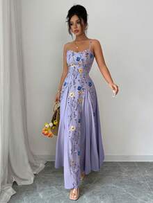 Elenzga Đầm dài hai dây in hoa dành cho nữ, kiểu dáng nghỉ hè. - Màu tím - Xem 3