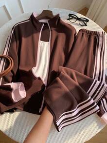 Comfortcana Set casual sportivo da 2 pezzi in tessuto marrone per taglie comode - Castano - Visualizzare 4