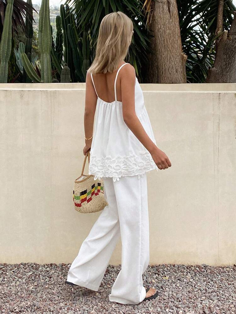 2pcs/Set Women Casual Lace Patchwork Camisole Top And Pants