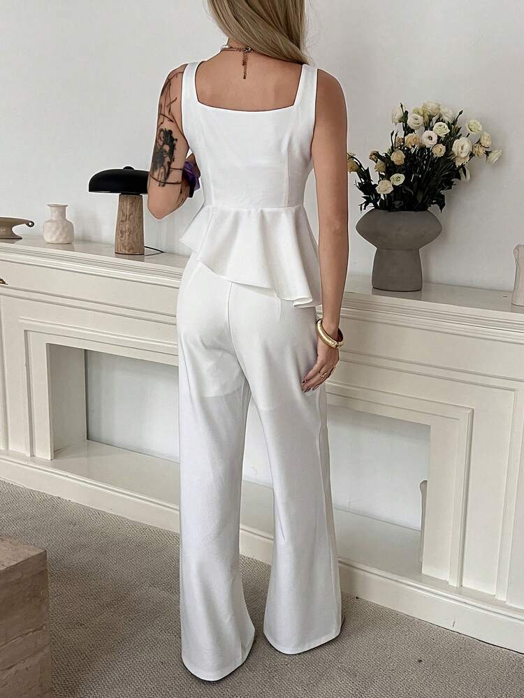 2pcs/Set Women's Square Neck White Elegant Wedding Guest Ruffle Hem Top And Casual Pants