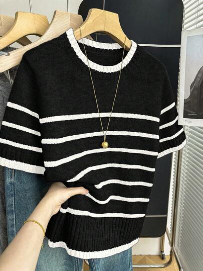 Franclia New Arrival Spring/Summer Korean Style Casual Loose Personalized Striped Contrast Color Women Knit Top