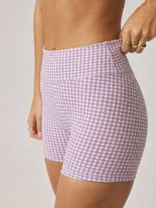 Aralina 休闲格纹印花露脐吊带背心和高腰短裤两件套运动健身套装 - 紫丁香色 - 查看 5