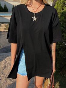 DAZY 女士圆领开衩下摆宽松休闲T恤，度假风 - 黑色 - 查看 5