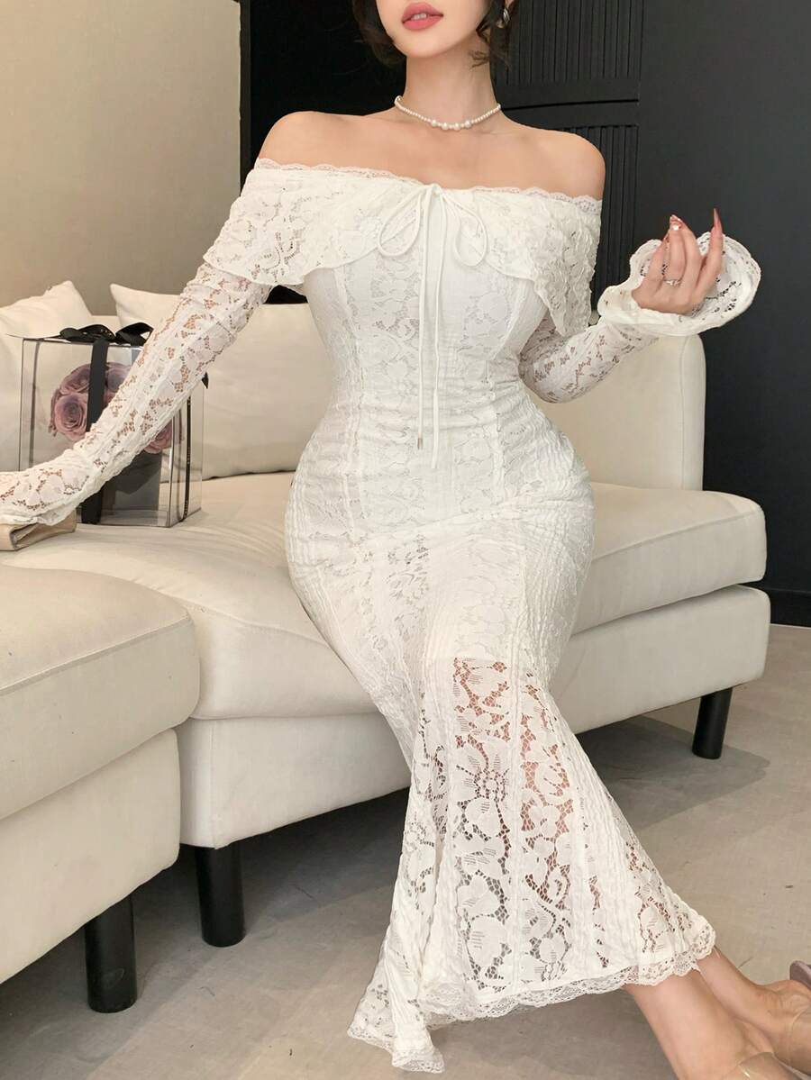 DAZY Vestido de playa elegante de manga larga con hombros descubiertos y encaje para mujer - Blanco - Ver 1