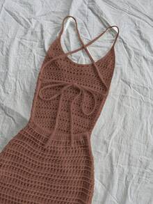 Elamini Fashionable Hollow-Out Sexy Women Knitted Slip Dress - Multicolor - View 5