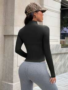 Dewbera Casual Versatile Black Stand Collar Striped Thumb Hole Design Slim Fit Sports Jacket - Black - View 2