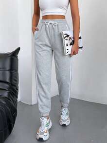SHEIN Cottnline 95% Cotton Contrast Tape Drawstring Waist Slant Pocket Sweatpants - Grey - View 4
