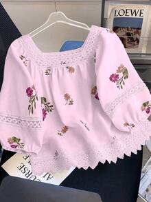 Franclia Áo sơ mi nữ cổ vuông in hoa, thích hợp mặc đi nghỉ mát mùa hè. - Màu Hồng baby - Xem 3
