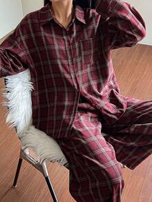 DAZY Women's Plaid Pajama Set, Loose Fit, Suitable For Autumn/Winter And Christmas - Burgundy - View 5