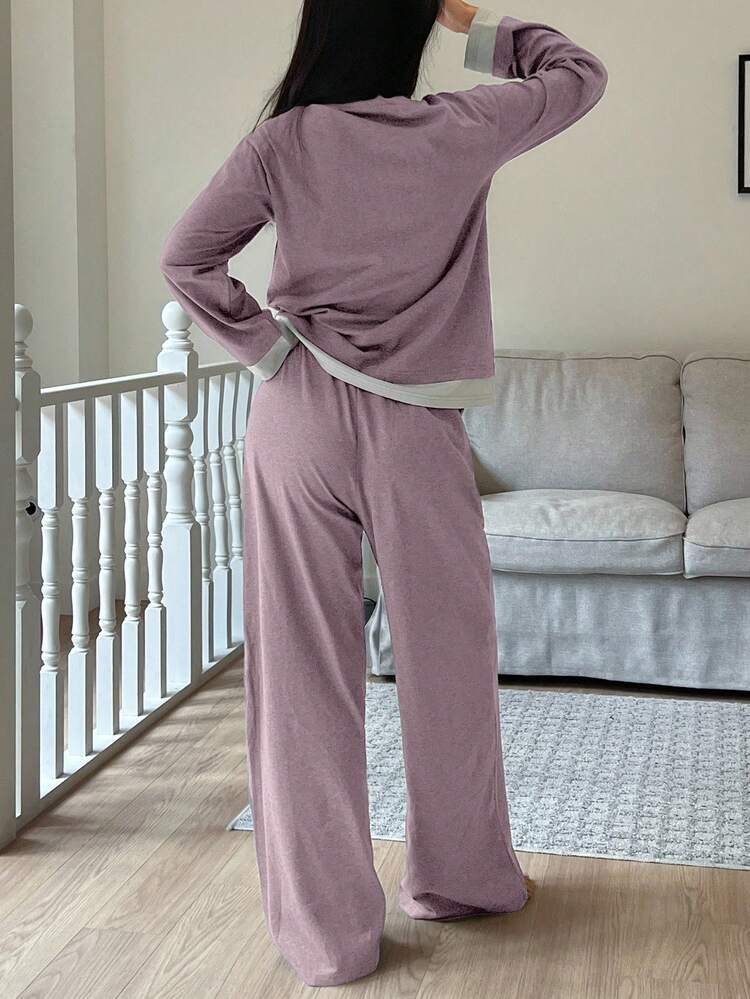 2pcs/Set Women Casual Contrast Color Patchwork Knit Long Sleeve T-Shirt And Straight Leg Pants Loungewear Set, Spring