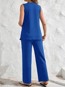 SHEIN Bộ đồ bầu thanh lịch, không tay cổ tròn xẻ tà bên hông, gồm áo hai dây và quần ống đứng cạp chun điều chỉnh được, gồm 2 món. - Xanh đậm - Xem 2