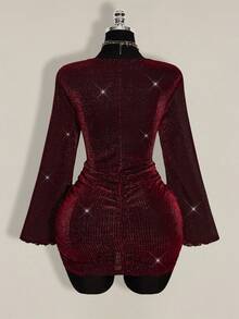 SHEIN ICON Plus Size Women's Plunging Neck Gold Mini Party Dress Burgundy Outfit Women Red Sparkly Dress - Burgundy - View 2