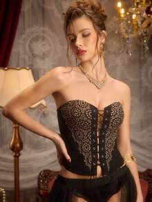 PinupPomp Top bustier élégant en dentelle brodée et patchwork, corset sexy à enroulement avec nœud à la taille - Noir - Voir 5