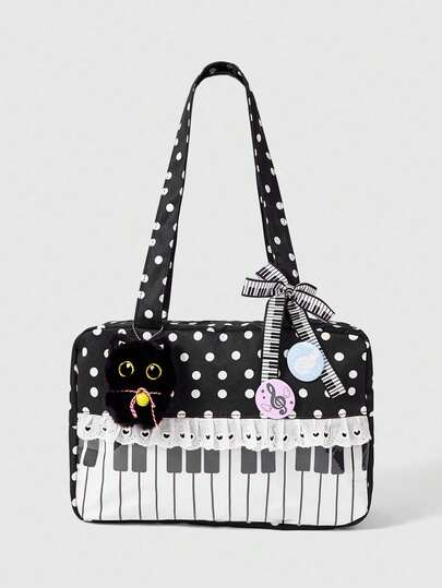 ROMWE Anime 1pc Cute Sweet Bow Heart Lace Patchwork Polka Dot Pop Art Women Tote Bag, 2nd Gen Snack Quantity Music Note Music Festival Transparent Layer Badge Doll Display Shoulder Bag, Suitable For Shopping, Campus , Bow