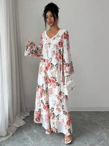 Yasmyna Vestido maxi de gasa holgado con estampado floral de cuentas y rhinestones, estilo árabe romántico para vacaciones - Multicolor - Ver 3