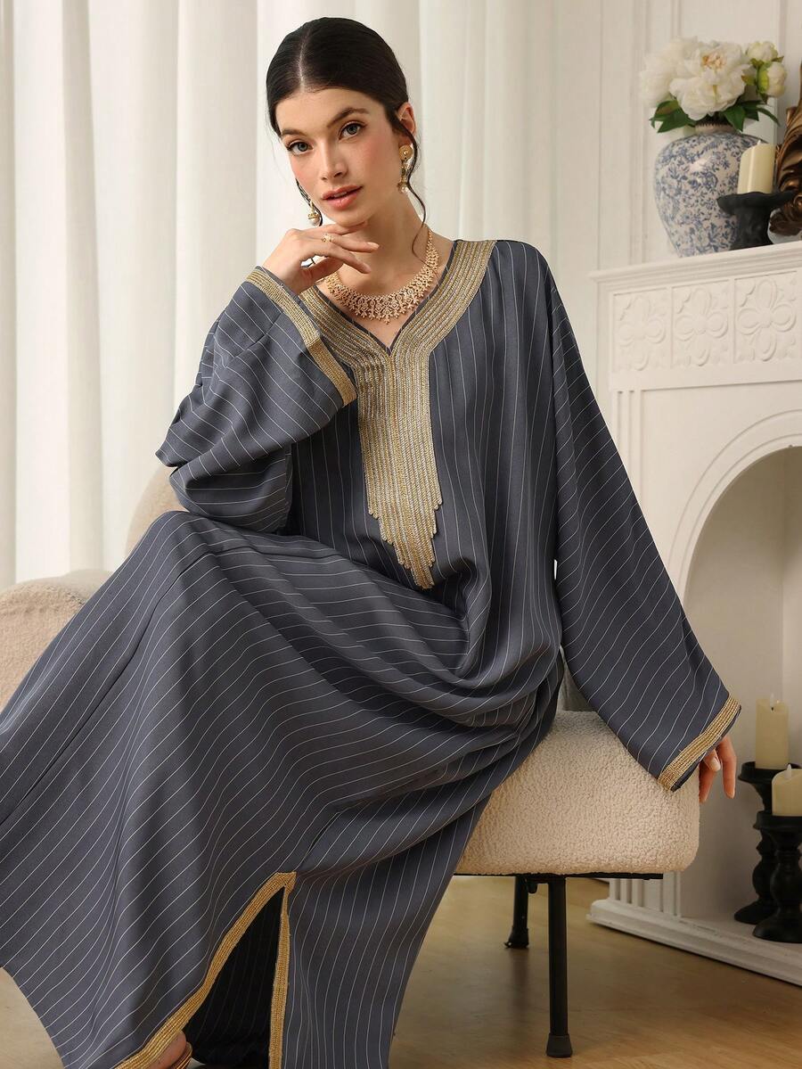 Al Najma Women's Striped Turkish Maxi Dress, Traditional Arabic Long Robe - Grey - View 1