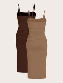 SHEIN EZwear 两件套女士夏季针织修身吊带连衣裙套装 - 棕色 - 查看 2