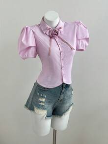 Flirla Rose Floral Striped Puff Sleeve Elegant Women Shirt - Pink - View 5