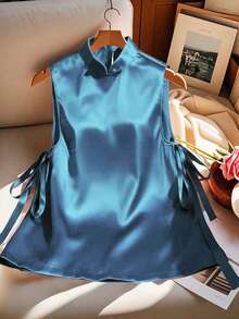Franclia New Sleeveless Shirt With Bow Tie, Stand Collar, Slit, Tie - Blue - View 3