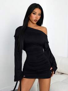 SHEIN PETITE 女士时尚性感纯色不对称领迷你连衣裙 - 黑色 - 查看 7