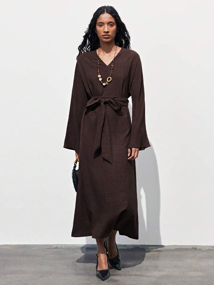 SHEIN Maija Abito lungo a maniche lunghe con scollo a V e cintura, tinta unita, da donna