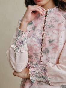 Anewsta Đầm dài tay cổ tàu in họa tiết hoa ombre thanh lịch, điểm nhấn ngọc trai ở cổ tay dành cho nữ. - Hồng - Xem 5