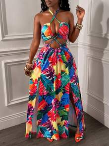 Glyssa Vestido casual ajustado con estampado floral sexy, escote halter, espalda cruzada y descubierta, cintura con lazo, volantes y abertura lateral para playa y resort - Multicolor - Ver 1