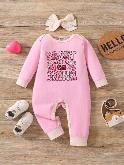 SHEIN Baby Girls' Fashionable Minimalist Color Block Round Neck Long Sleeve Printed Romper With Cute Bow Headband, Spring/Autumn