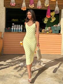 Selianne Elegant Vacation V-Neck Backless Hollow Out Fitted Long Knit Dress, Light Yellow, Spring/Summer - Light Yellow - View 1