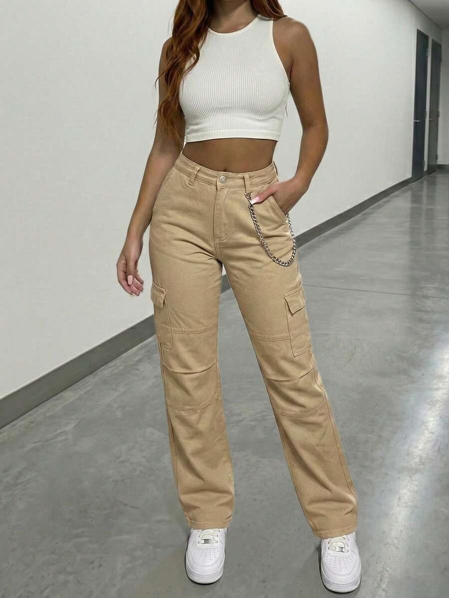 SHEIN Tall Women's Cargo Pocket Straight Loose Casual Jeans - Khaki - View 1