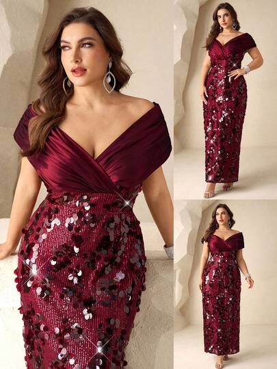 Coutiva Plus Size Elegant Sexy Satin Sequined One-Shoulder Hip-Wrapped Straight-Leg Dress, Suitable For Birthday Party Dresses, Music Festival Dresses, Graduation Ceremony Dresses, Cocktail Parties, Parties, Dinner Dresses, Gatherings, Red Carpet Dresses, New Year Dresses Plus Size Sequin Dress Burgundy Plus Size Dress Wine Red Dress Plus Cocktail Dress Sexy Plus Size Dress Valentines Dress Elegant Dress Sequin Dress Pink Red Dress Floral Dress