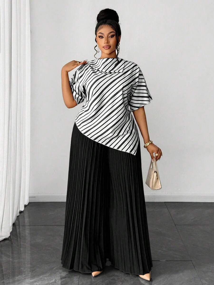 Maweii Bộ 2 món áo thun in kỹ thuật số vạt không đều + quần ống rộng cạp chun, thích hợp cho nữ vào mùa xuân, hè, thu, đông, Halloween, Lễ Tạ ơn, Giáng sinh, thanh lịch và thời trang cho công sở, hẹn hò. - màu đen - Xem 1