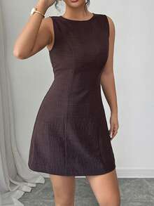 Almamuse 女士新款无袖圆领露背系带短裙，简约百搭休闲学院风 - 棕色 - 查看 3