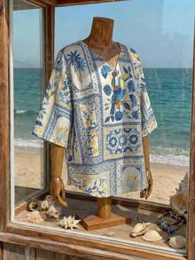 Rusticease Plus Size Women Tropical Shell Print White Blue,Summer,Boho,Casual,Vacation,Holiday Floral V-Neck Button Design Shirt,Retro Seaside Country Style Tops - Multicolor - View 5