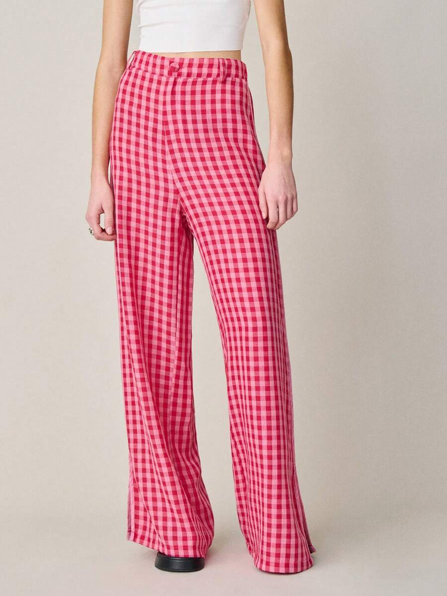 Nöista 红粉格纹高腰阔腿裤，内侧纽扣和拉链闭合。女士套装，适合春夏穿着，情人节、休闲、度假等场合。 - 粉色 - 查看 1