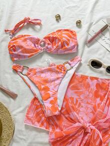 Swim Vcay 3件套女士泳衣比基尼泳装迷你连衣裙罩衫夏季棕榈热带印花四季皆宜的时尚套装，派对、约会必备，完美搭配音乐节和街头服饰，节日时尚 | 泳池和度假 | 蕾丝上衣，女士上衣，女士泳装 - 橘色 - 查看 6