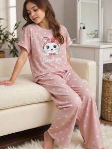 Genkimix Kids 2件套女童可爱兔子波点印花短袖上衣和宽松裤子休闲舒适睡衣 - 粉色 - 查看 5