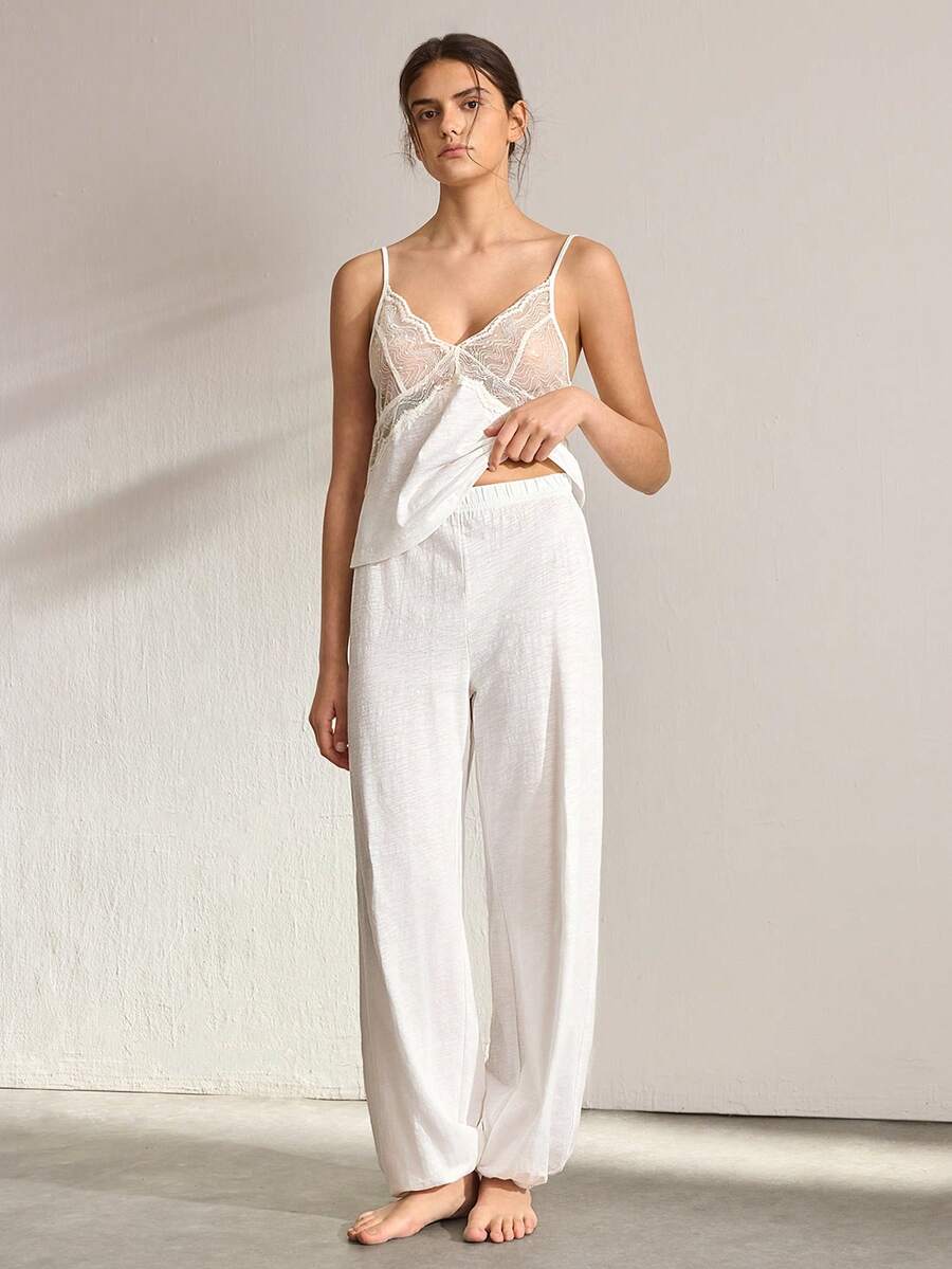 Ocili 女士蕾丝吊带背心和阔腿裤休闲家居服套装 - 白色 - 查看 1