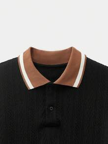 Manfinity Unisex Men's Casual Business Daily Commute Textured Fabric Contrast Striped Trim Short Sleeve Polo Shirt, Summer - Black - View 3